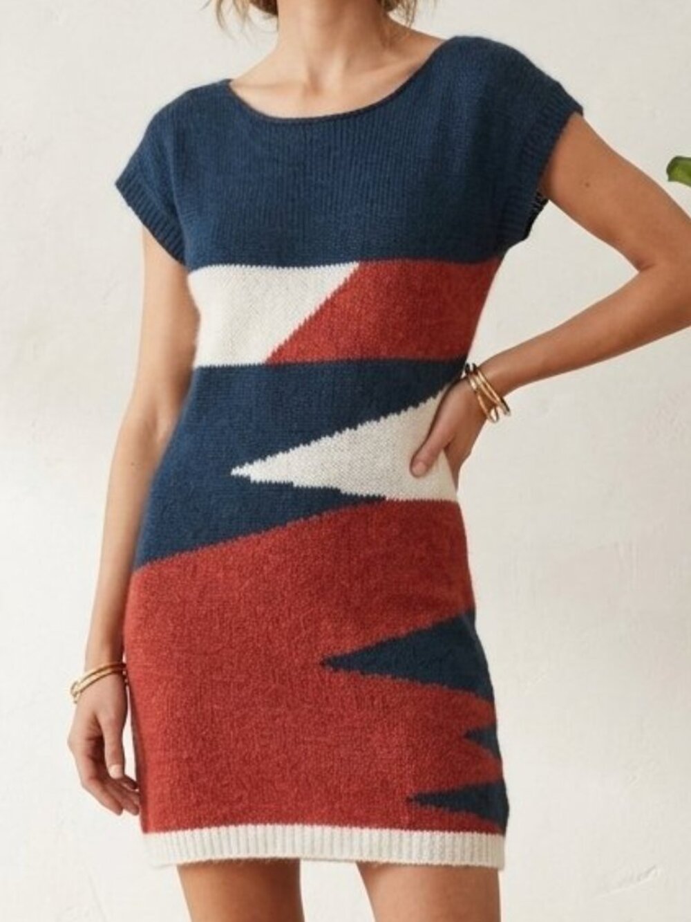 Abstract Mohair Wool Chevron Geometric Colorblock Knit Tunic Mini Dress